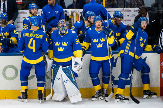 Sveriges spelare deppar med målvakt Henrik Lundqvist på