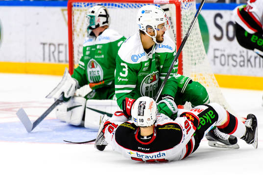 Rögles Almen Bibic ligger ovanpå Malmö Redhawks Robin