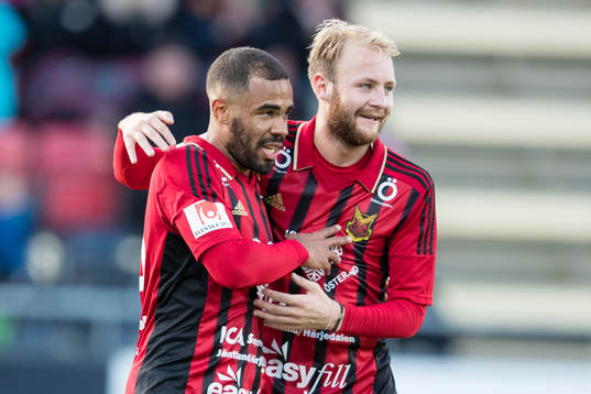 Östersunds Alex Dyer  och Curtis Edwards jublar