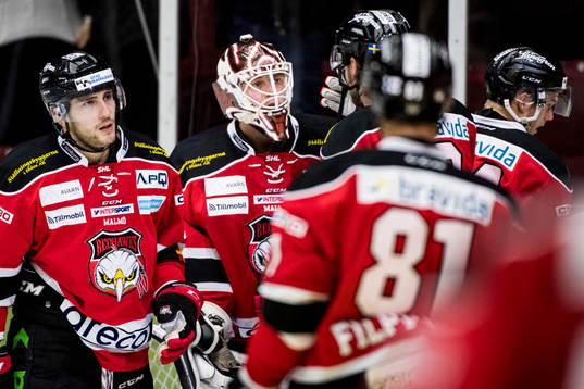 Malmö Redhawks spelare jublar med målvakt Oscar Alsenfelt