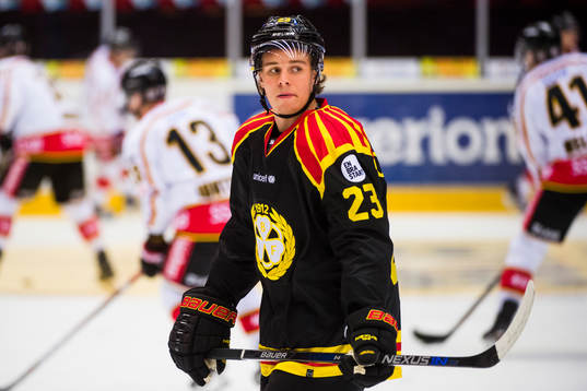 Brynäs Lucas Carlsson före ishockeymatchen i SHL mellan