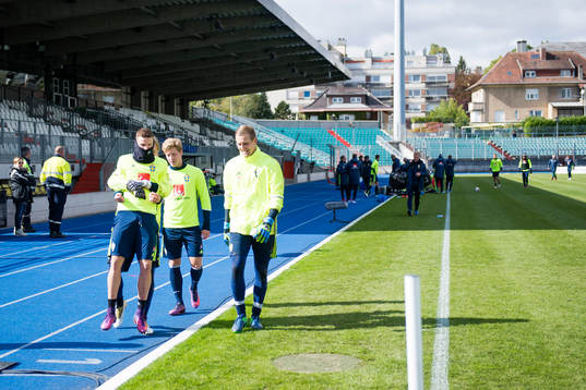 Sveriges målvakt Patrik Carlgren lyfter upp Marcus Berg