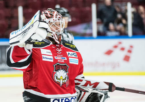 Malmö Redhawks målvakt Oscar Alsenfelt jublar
