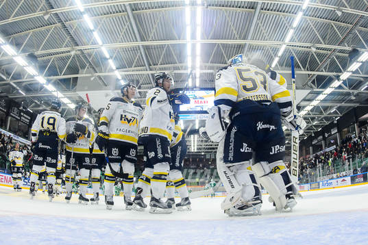 s spelare jublar och klappar om HV71:s målvakt Fredrik