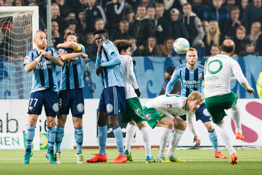 Hammarbys Kennedy Bakircioglu med en frispark förbi