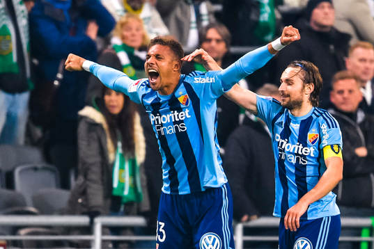 Djurgårdens Mathias Ranegie och Kevin Walker jublar