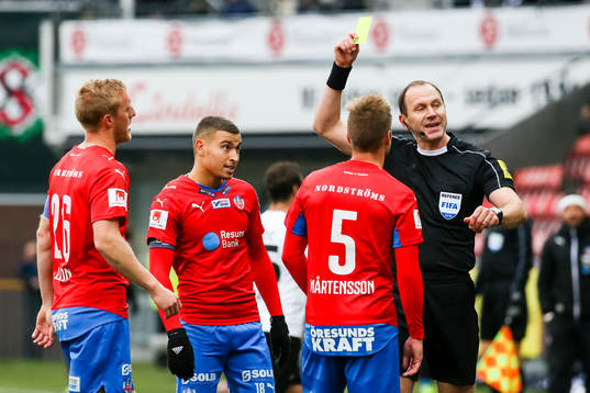 Helsingborgs Jordan Larsson och Johan Mårtensson reagerar