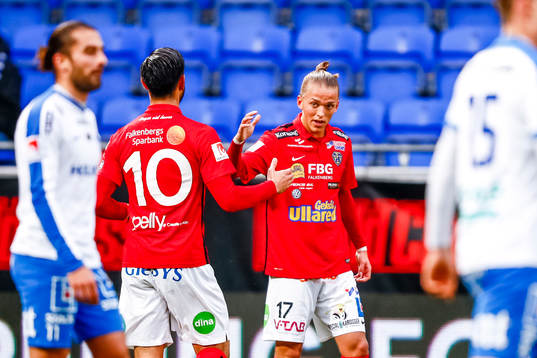 Falkenbergs Amin Nazari och Jesper Karlsson jublar