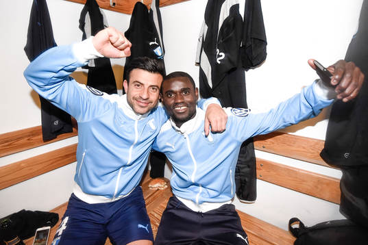 Malmö FFs Behrang Safari och Enock Kofi Adu jublar