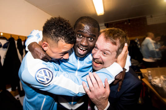 Malmö FFs Tobias Sana, Enock Kofi Adu och Peter Åhlander,