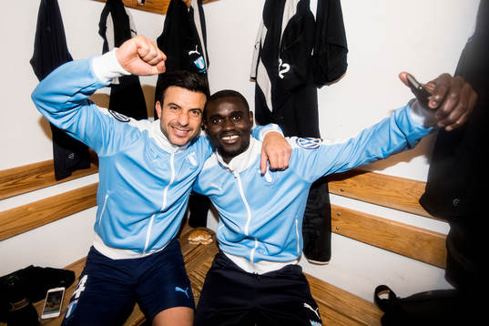 Malmö FFs Behrang Safari och Enock Kofi Adu jublar i