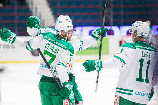 Rögles Patrik Cehlin jublar med lagkamrater