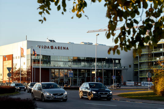 Generell exteriör vy av Vida arena före ishockeymatchen i