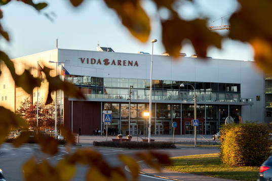 Generell exteriör vy av Vida arena före ishockeymatchen i