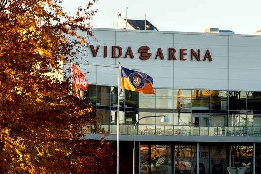 Generell exteriör vy av Vida arena före ishockeymatchen i