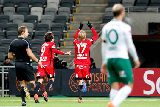 Norrköpings David Moberg Karlsson  och Karl Holmberg jublar