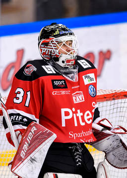 Piteås målvakt Albin Ström på uppvärmningen