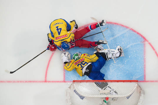 Staffan Kronwall, SWE, Andrei Svetlakov, RUS and Joel