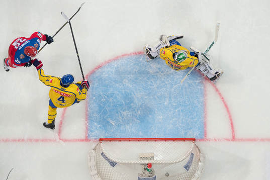 Stepan Sannikov, RUS, Staffan Kronwall, SWE and Niklas
