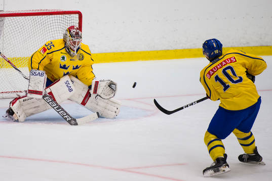 Sveriges Marcus Davidsson skjuter mot målvakt Filip