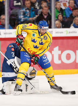 Finland's goalie Juha Metsola and Sweden¥s Joel Lundqvist