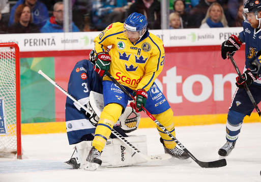 Finland's goalie Juha Metsola and Sweden¥s Joel Lundqvist