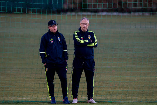 Förbundskapten Janne Andersson och rådgivare Lars