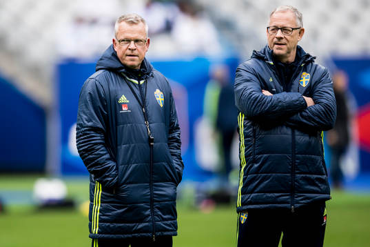 Förbundskapten Janne Andersson och rådgivare Lars