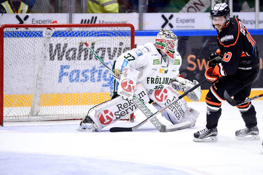 Karlskronas Mattias Guter och Frölundas målvakt Johan