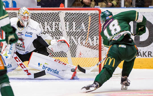 Malmö Redhawks målvakt Oscar Alsenfelt räddar ett skott