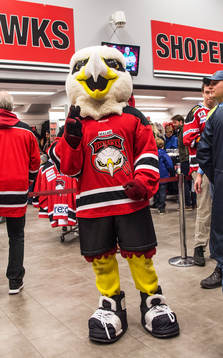 Malmö Redhawks maskot Hawkan innan ishockeymatchen i SHL