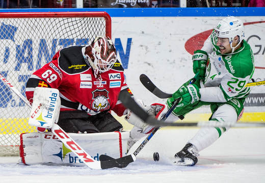 Malmö Redhawks målvakt Oscar Alsenfelt mot Rögles Ludvig