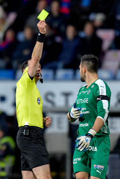 Halmstads målvakt Stojan Lukic varnas av domare Jonas