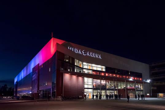 Generell exteriör vy av Vida arena före ishockeymatchen i