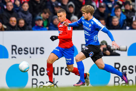 Helsingborgs Jordan Larsson och Halmstads Marcus Mathisen