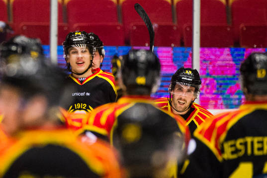 Brynäs Ryan Gunderson och Oskar Lindblom  jublar
