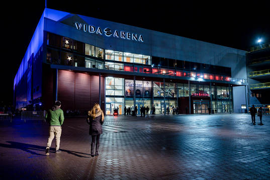 Generell exteriör vy av Vida arena före ishockeymatchen i