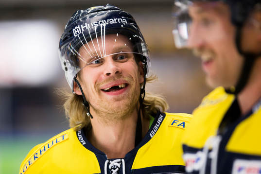 s Mattias Tedenby och HV71:s Martin Thörnberg skrattar