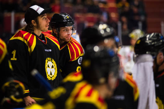 Brynäs målvakt Felix Sandström och Erik Broman
