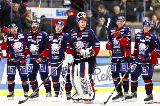 Linköpings spelare med målvakt Marcus Högberg jublar