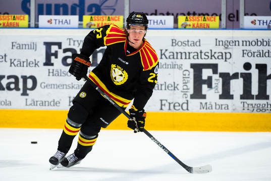 Brynäs Lucas Carlsson före ishockeymatchen i SHL mellan