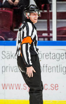 Domare Mikael Holm grinar illa