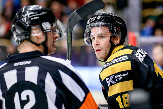 Domaren diskuterar med Skellefteås Pontus Petterström