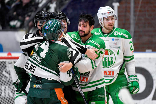 Färjestads Milan Gulas och Rögles Kevin Marshall  i ett