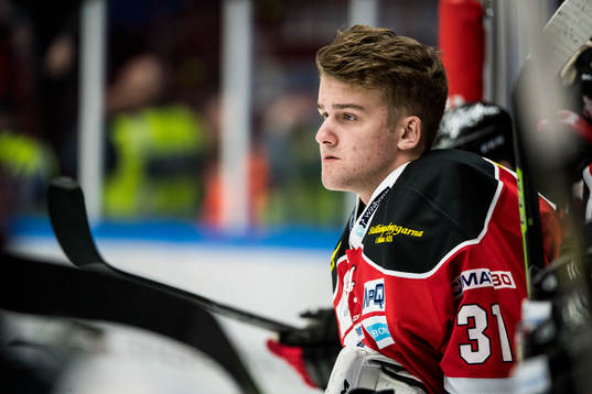 Malmö Redhawks målvakt Tim Hultstrand i båset