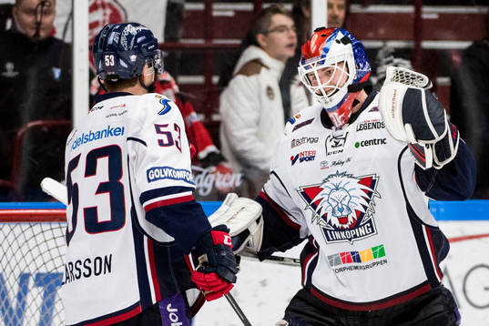Linköpings Eddie Larsson och målvakt Marcus Högberg