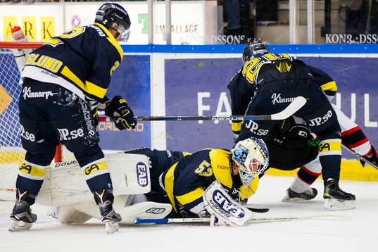 s målvakt Fredrik Pettersson-Wentzel blockerar pucken