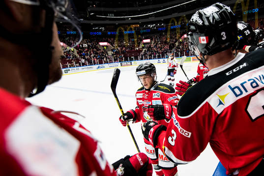Malmö Redhawks Erik Forssell jublar med båset