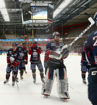 Linköpings spelare med målvakt Marcus Högberg jublar