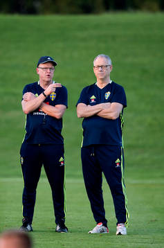 Sveriges förbundskapten Janne Andersson och Lars Lagerbäck